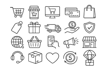 Icons of shopping and delivery tools found in online retail