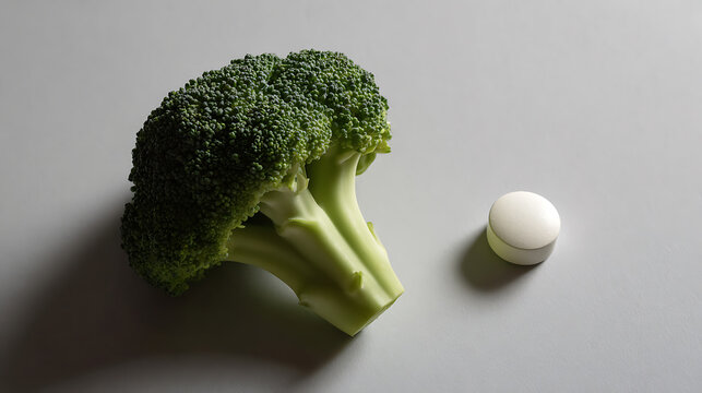 Fresh Green Broccoli Florette Next to a White Medical Pill on a Clean Gray Background Illustrating Healthy Food vs. Medication Choices