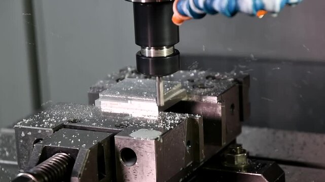 The process is metal milling. Mechanical processing by cutting planes, grooves, and heads. Milling of the workpiece on the machine.