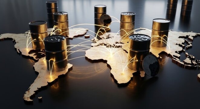 Global oil trade routes visualized with golden barrels on a world map depicting international energy supply chains and economic connections with glowing network lines symbolizing