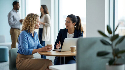 Fototapeta premium Two professional women discussing work over coffee with a laptop at a round table in a contemporary office setting