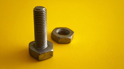 Industrial metal bolt and complementary nut on a vibrant yellow background, perfect for construction, repair, and hardware themes with copy space