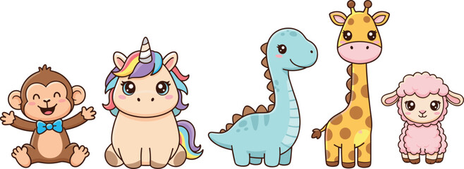Vector set of cute kawaii animal characters including a rainbow unicorn monkey with bow tie and blue dinosaur © Creative design