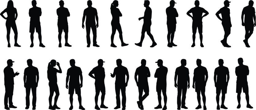Vector set featuring diverse silhouettes of men and women in casual standing and walking poses