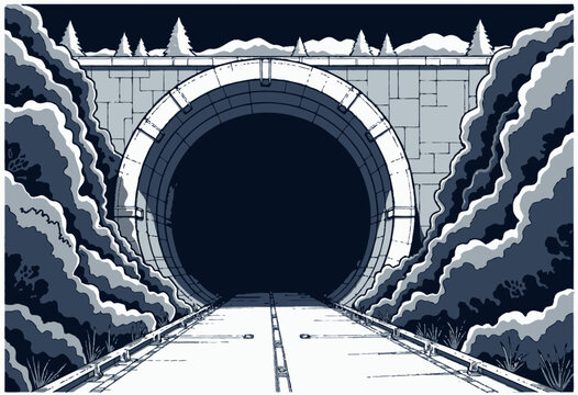 Mysterious Tunnel Entrance Amid Serene Forest Landscape with Overarching Trees and a Paved Road Leading Into Darkness