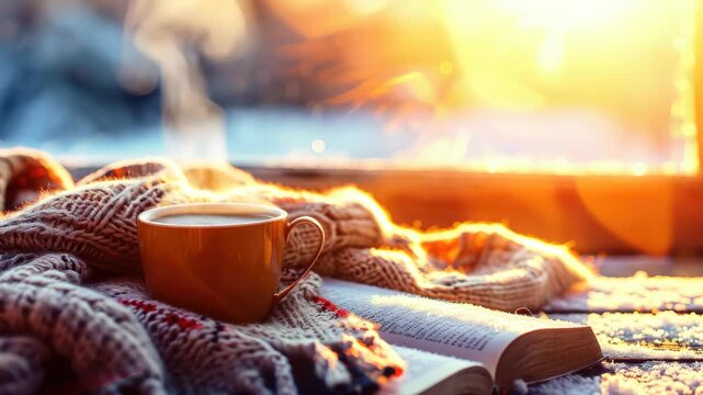 Warm mug steams beside open book. Cozy knitted blanket drapes softly. Sunlight streams through window frame. Gentle glow bathes the entire scene. Peaceful moment invites quiet reading