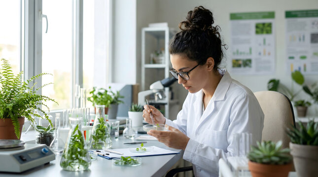 Professional female scientist in white lab coat researching plants in a modern laboratory. Biotechnology and botany research concept.
