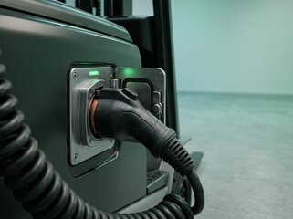 Closeup of electric vehicle charging plug connected to charging station with green indicator light in modern indoor parking garage environment.