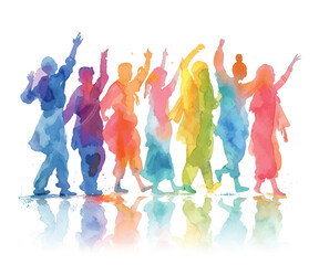 Naklejka premium Colorful Dancing People Watercolor Illustration for Holi Festival of Colors Celebration