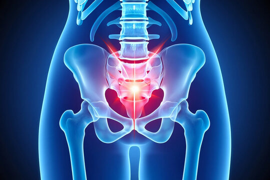 Human pelvis and spine with glowing red pain in tailbone area anatomy skeleton