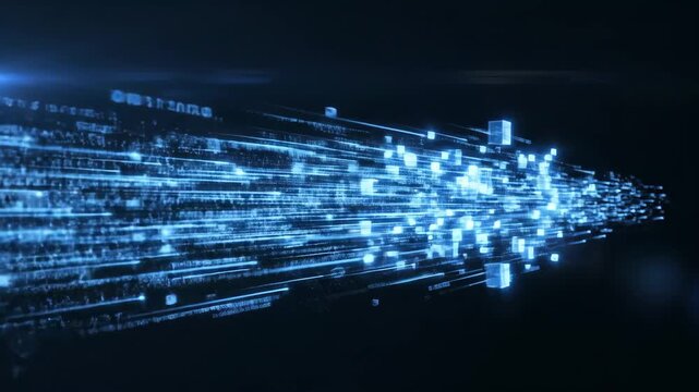 blue digital stream with glowing cubes and lines. big data transfer in cyberspace. futuristic technology background. high speed internet connection. blockchain concept.