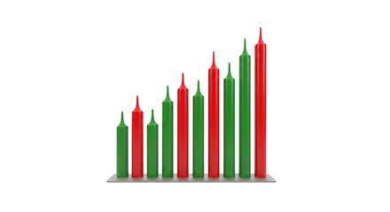 Obraz premium Three dimensional bar chart showing ascending financial growth with red and green vertical candle sticks representing market trends isolated on transparent background space