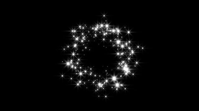 Glitter star particles create a circle trail animation on black screen background, circle burst animation with alpha channel, magic dust, pixie dust path, Christmas glitter stars isolated in 4K