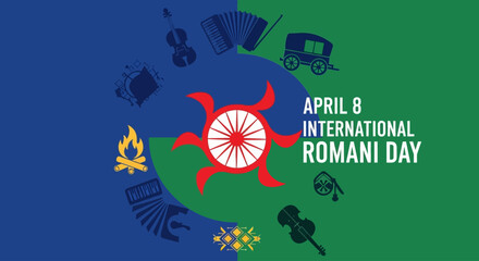 Naklejka premium Vibrant International Romani Day celebration with cultural symbols
