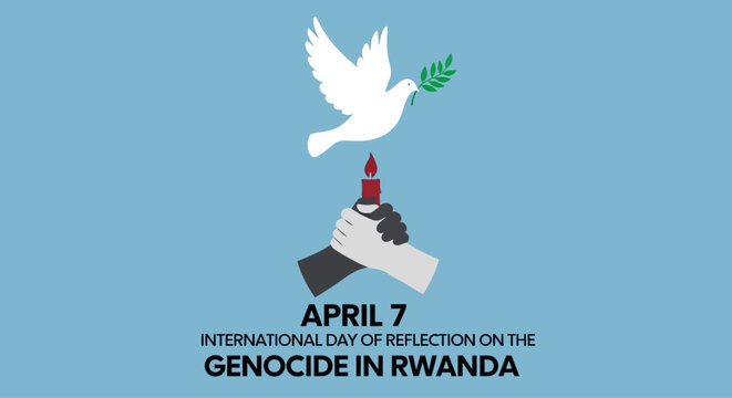 Hands holding candle with dove and olive branch for Rwanda genocide memorial