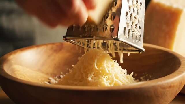 Close up of cheese grating process in wooden bowl