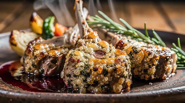 Close up of cooked meat dish on a plate showing texture and details