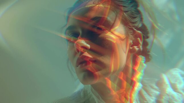 Abstract portrait dissolving layered translucent colors, prism light reflections, emotional tension, subtle motion blur, painterly textures, surreal identity concept, high-fashion style, cinematic