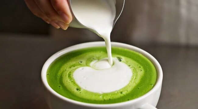 Slow motion of milk being poured into matcha to form a beautiful swirl, the woman's hands look elegant, macro shot detailing the foam texture and soft green color