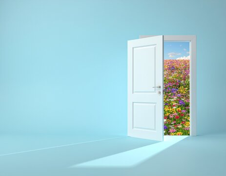 Spring has arrived. Vibrant spring blossoms emerging indoors against a blue backdrop with ample room for text. 3D Visualization, 3D Artwork