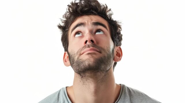 Man gazes upward thoughtfully. His expression shows curiosity or wonder. Curly hair frames his face softly. He wears a simple gray shirt. Background remains pure white. Focus stays sharp on his face