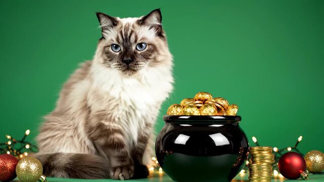 fluffy cat sitting next to black pot full of golden coins on green background. st. patrick's day celebration. festive decoration with red and gold balls. pet holiday concept.