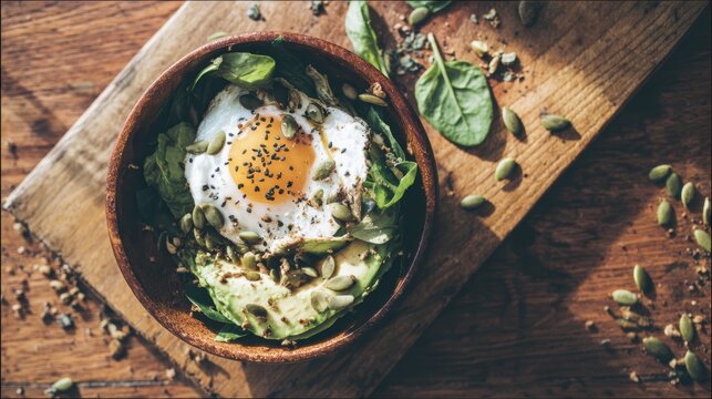 Healthy avocado bowl topped with poached egg and spinach rustic style.