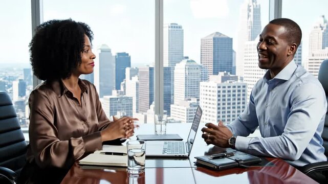 Two business professionals in a discussion at a polished wooden desk with a laptop and notebook in a highrise office with a city skyline view