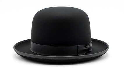 A classic black bowler hat with a distinctive ribbon band displayed against a white background