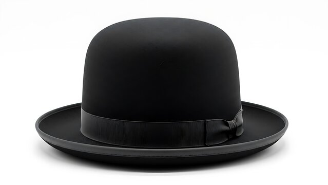 A classic black bowler hat with a distinctive ribbon band displayed against a white background
