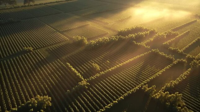 Aerial view vast crop labyrinth dawn, golden sunlight piercing soft morning mist, intricate geometric patterns crops dew on leaves sparkling, cinematic aerial motion, soft volumetric lighting, shallow