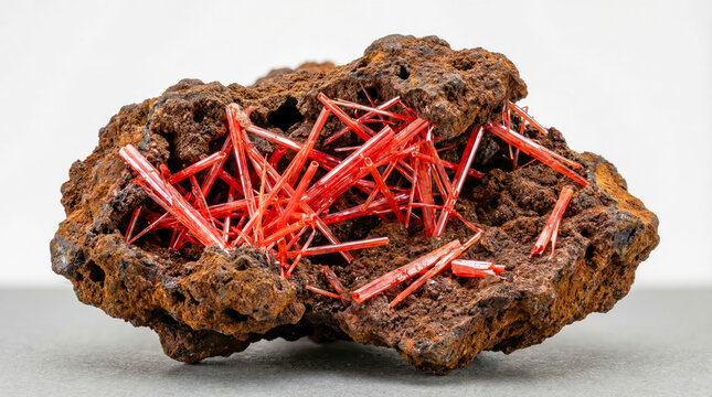 Bright red elongated prismatic crocoite crystals forming a cluster inside a porous limonite cavity.