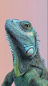 Close-up of a vibrant blue iguana looking upwards with a pink background.