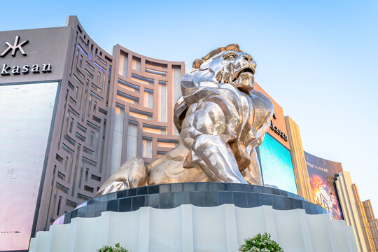 A golden lion at the corner of the MGM Grand hotel in Las Vegas