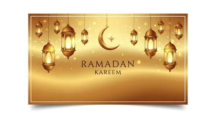 A golden card with lanterns and crescent moon for ramadan kareem