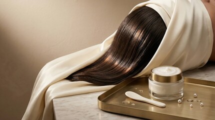 Obraz premium Close-up of glossy, nourished hair wrapped in a luxurious silk towel with a subtle sheen of hair mask. The product jar rests on a brushed brass tray with water pearls and a ceramic spatula, set