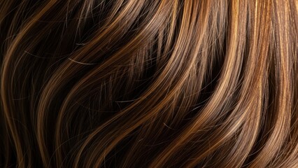 Fototapeta premium Close-up of wavy brown and blonde hair strands, highlighting texture and color.