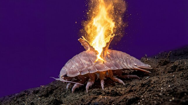 Giant isopod with a flame erupting from its shell on purple background, extreme survival concept