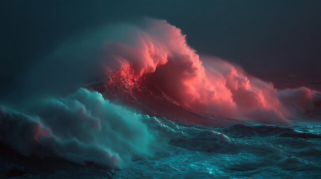 The impact of glowing waves colliding during a powerful storm at sea. (3)