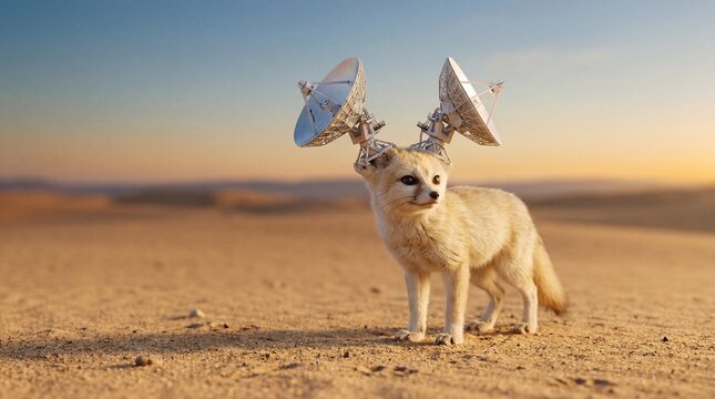 Fennec fox with satellite dish ears in a desert, extreme connectivity concept