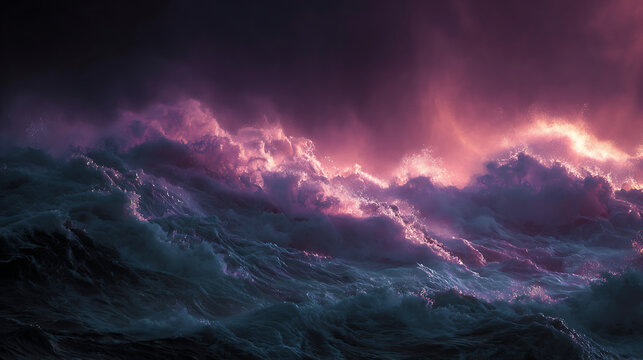 The impact of glowing waves colliding during a powerful storm at sea.
