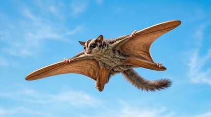 Fototapeta premium Sugar glider with wood grain wings flying in blue sky, organic design concept