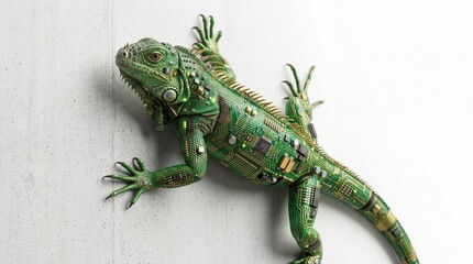 Fototapeta premium Cybernetic iguana with circuit board skin on white wood background, tech concept