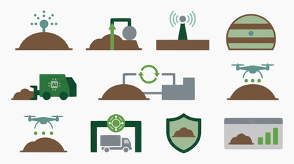 Smart landfill management icon set illustrating waste disposal and monitoring through drone technology and infrastructure.