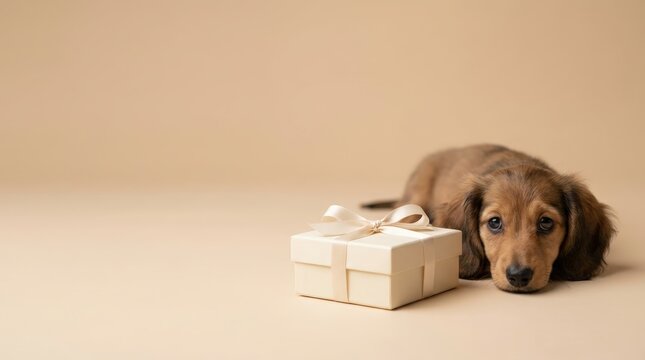 Apologetic Dachshund Puppy Lying Down on Right Third with Warm Minimal Background