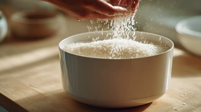 Close up of hands pouring rice into a bowl on a wooden table.