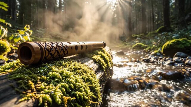 wooden flute on mossy log near river in misty forest. sunbeams shining through trees. musical instrument, nature sound, meditation, relaxation, spiritual harmony.