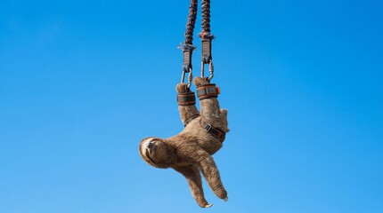 Fototapeta premium Funny sloth bungee jumping from a cable against a clear blue sky.