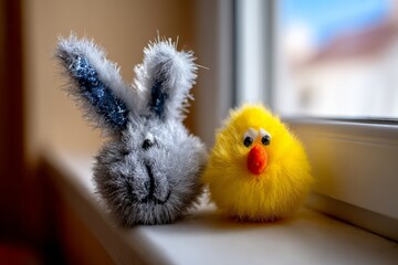 Easter bunny and chick toys on windowsill with blurry background