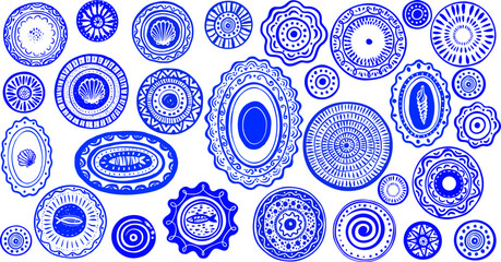 Collection of hand drawn decorative plates and dishes in ornamental sketch style. 